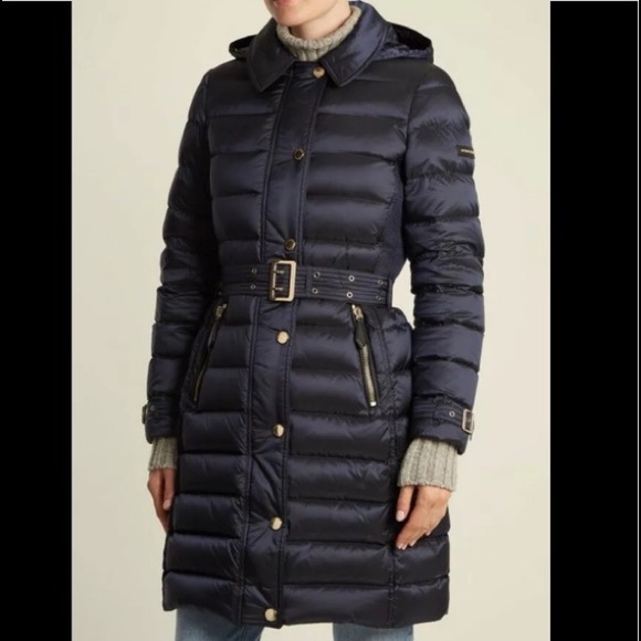 Burberry Navy Ashmoore quilted Goose Down Hoodie Coat size Large